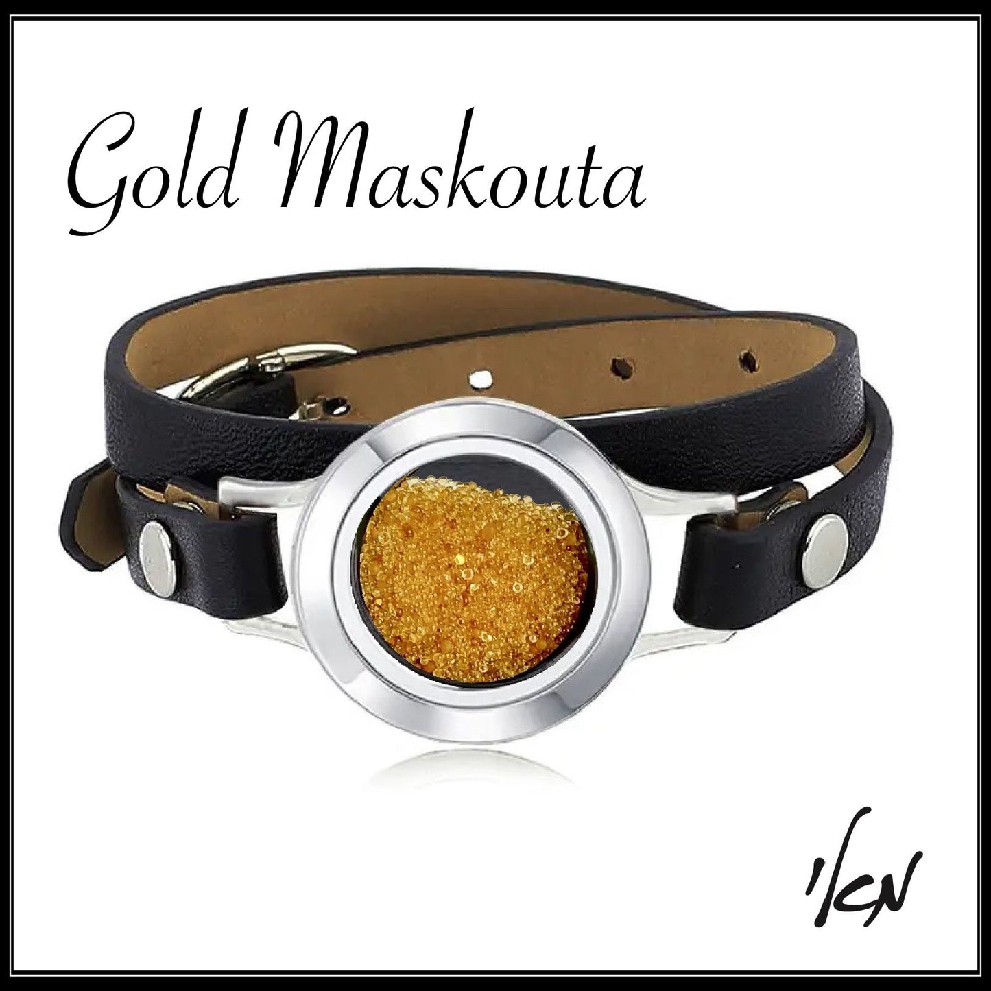 Black leather bracelet with gold mascot