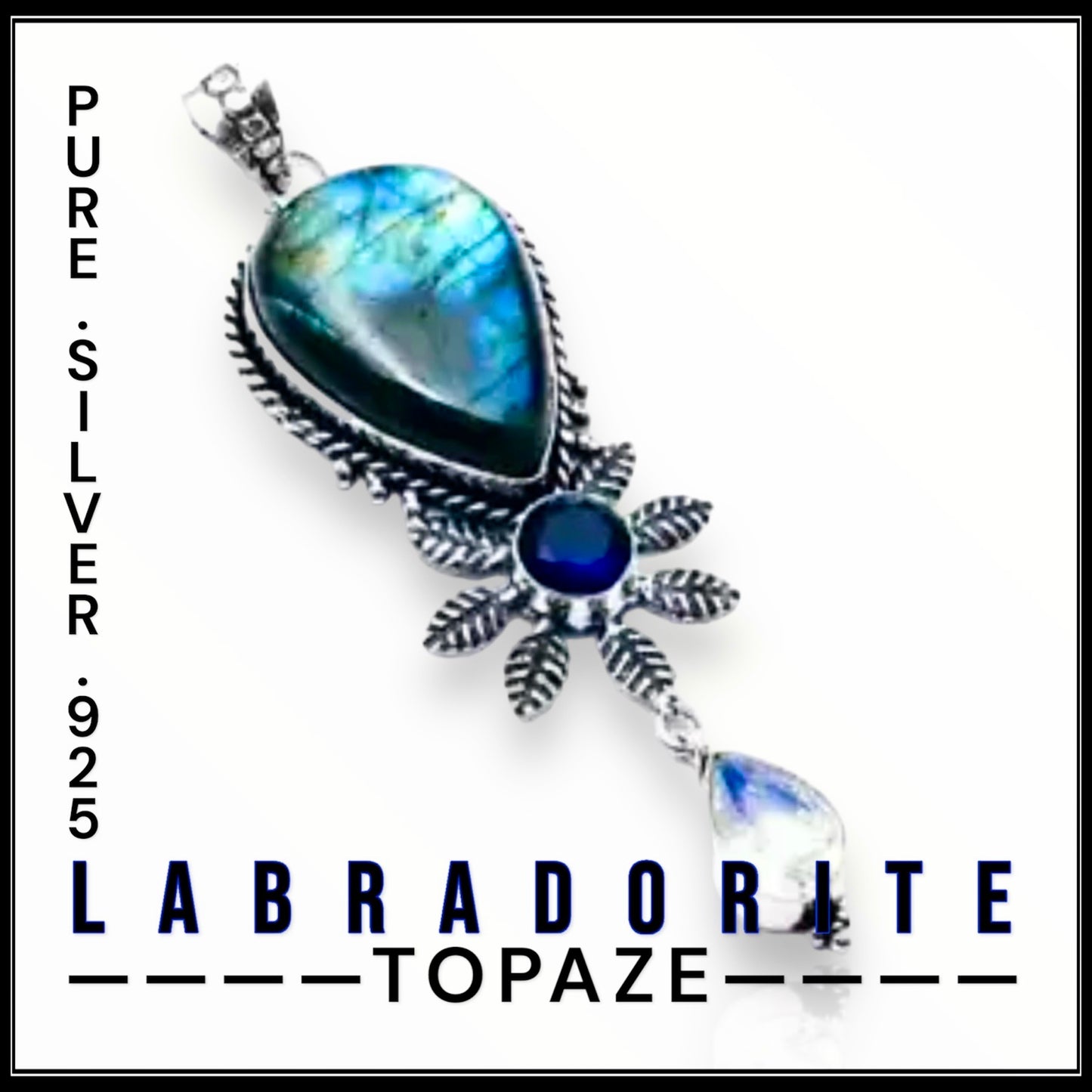 Silver 925 pendant labradorite gemstone - תליון כסף 925 אבן לברדורייט אבן מון סטון וטופז כחול