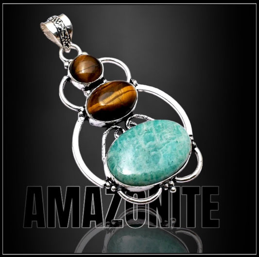 925 Silver Pendant with Amazonite Tiger Eye Stone 