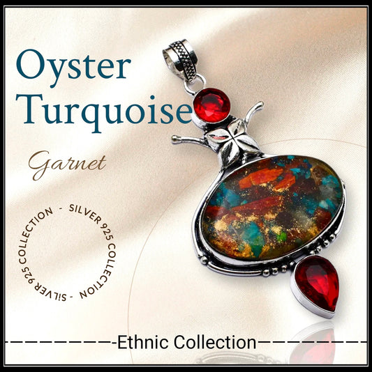 תליון כסף אבן oyster turquoise וגרנט - silver pendant gemstones