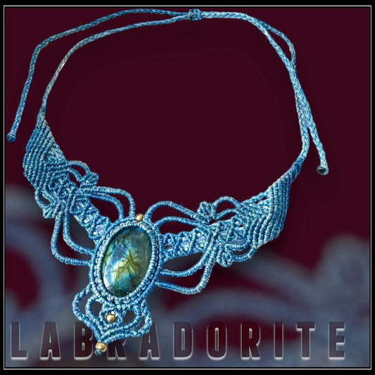 שרשרת מקרמה גינ׳ס לברדורייט עבודת יד-necklace Macrame labradorite