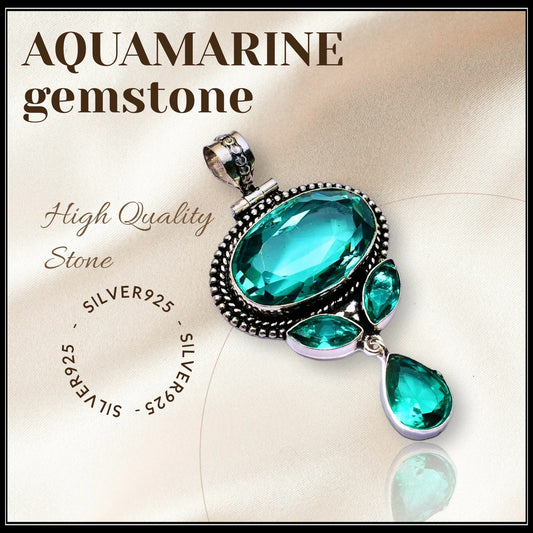 תליון עבודת יד כסף טהור 925 אבן חן אקוומרין  - Handmade pendant pure silver 925 aquamarine gemstone