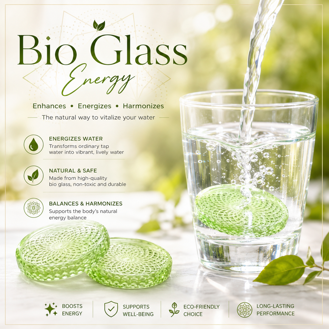 דיסק אנרגטי Bio Glass מזכוכית ירוקה במבנה סלילי, לשימוש בתוך כוס מים