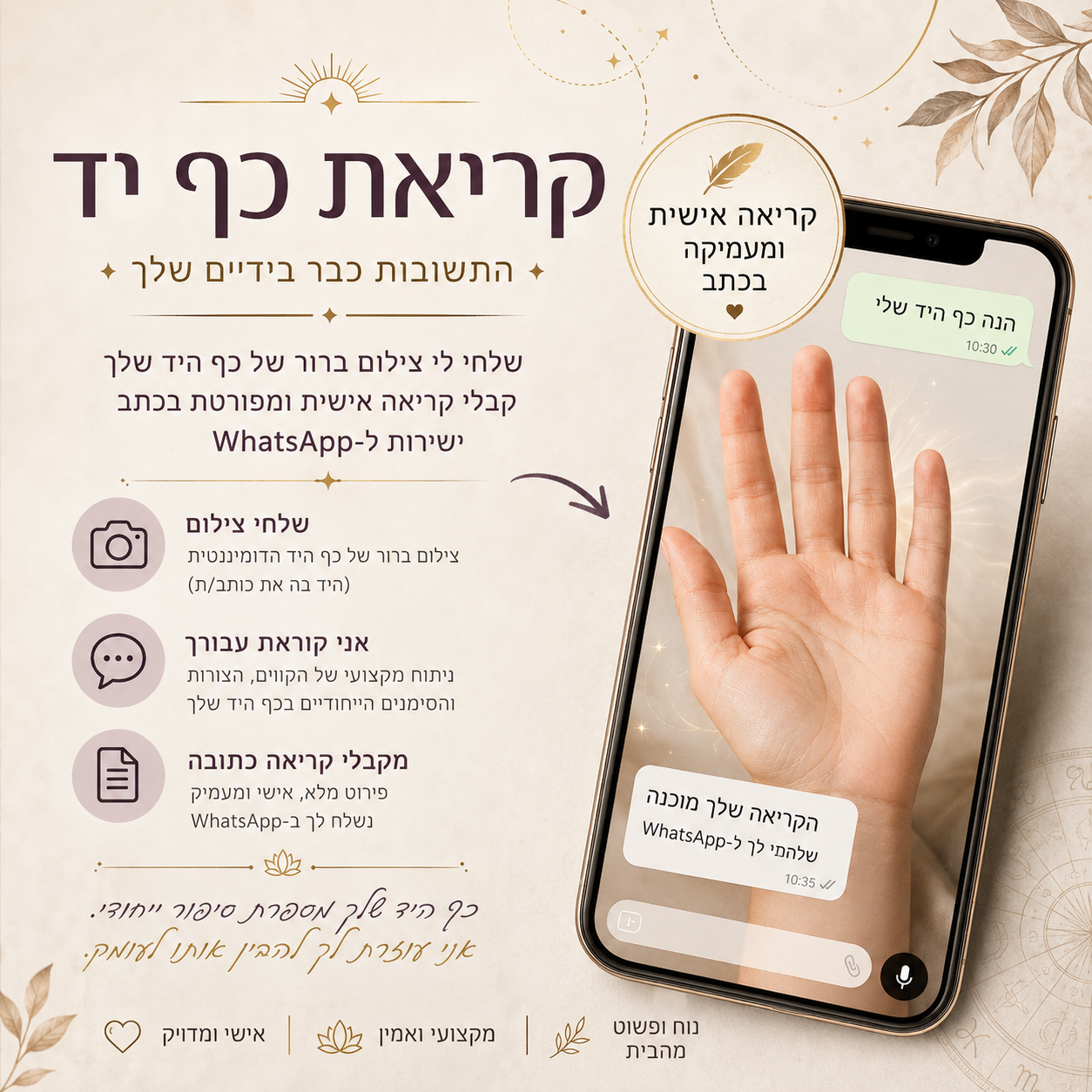 ניתוח כף יד אישי בכירולוגיה על מסך טלפון חכם