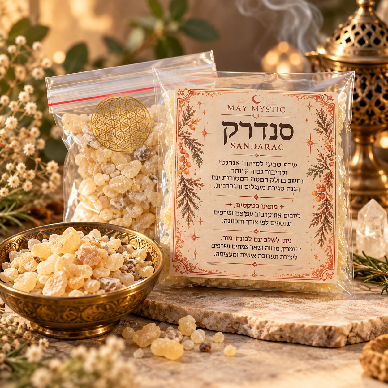 שרף קטורת סנדרק טבעי באריזת שקית שקופה עם תווית כתומה וגושי שרף זהובים