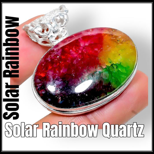 תליון כסף טהור ואבני חן solar rainbow Quartz