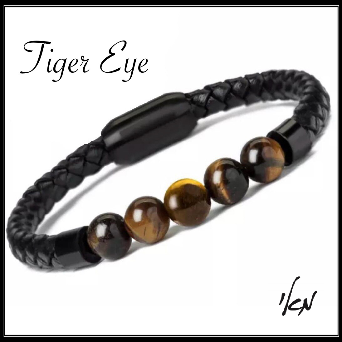 צמיד עור שחור-טייגר איי לגבר - Leather/Tiger Eye Bracelet