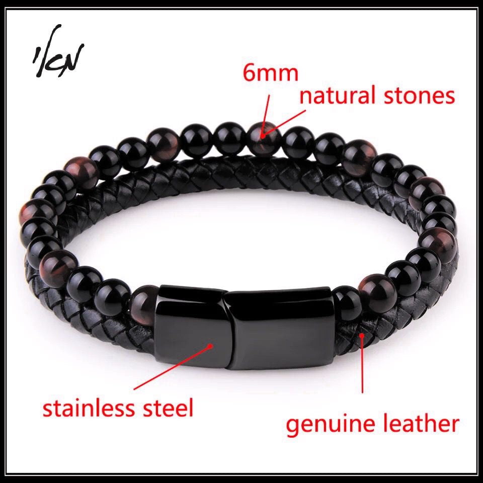 "צמיד לגבר אבנים "טייגר איי" - "אוניקס שחור Bracelet for men Tiger Eyes / Onyx Black